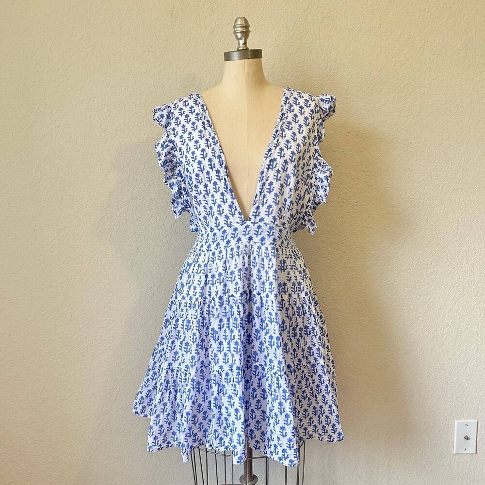 OLIPHANT Mini Dress Blue Floral Cross Back Flutter Sleeve Babydoll